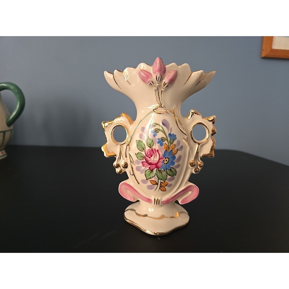 Weisley Porcelain Two Handle Bud Vase 5.5"-  Pink Flowers, Gold Trim USA‎